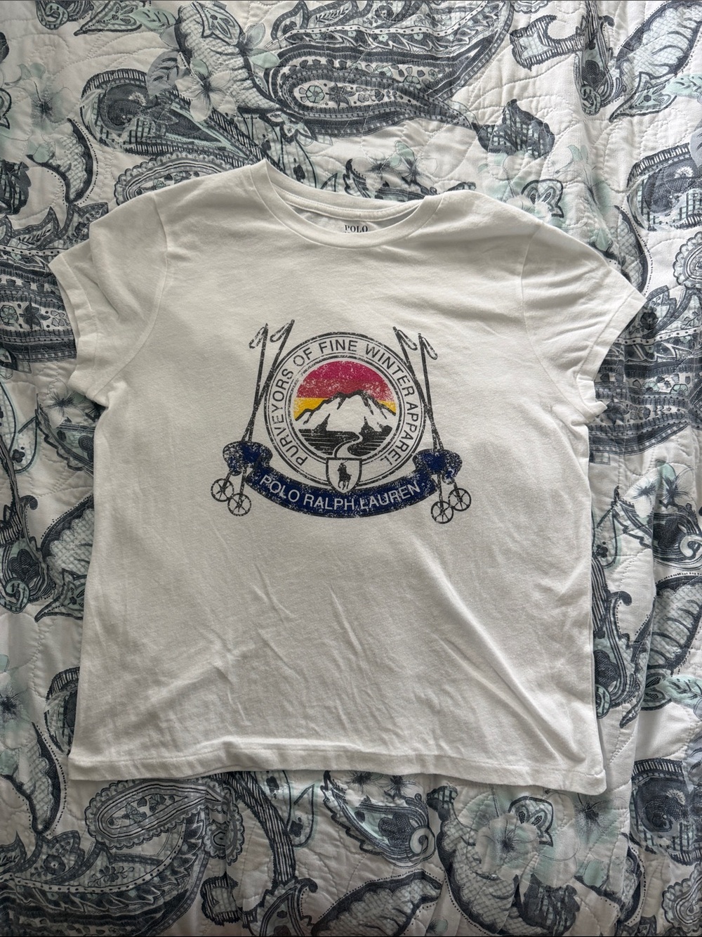 Polo by Ralph Lauren White Graphic Short-Sleeve Tee w/ ski mountain sunset Crest